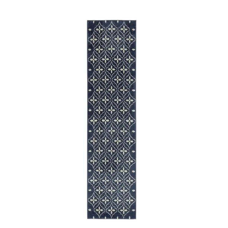 8' Ivory And Navy Blue Geometric Indoor Outdoor Runner Rug