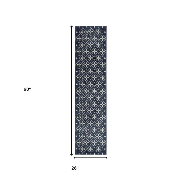 8' Ivory And Navy Blue Geometric Indoor Outdoor Runner Rug