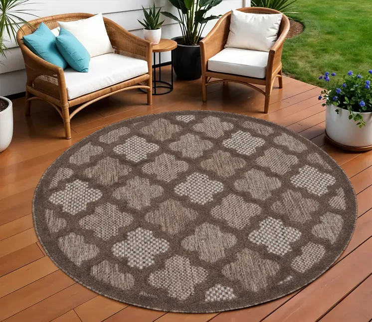 8' Brown Round Geometric Indoor Outdoor Area Rug