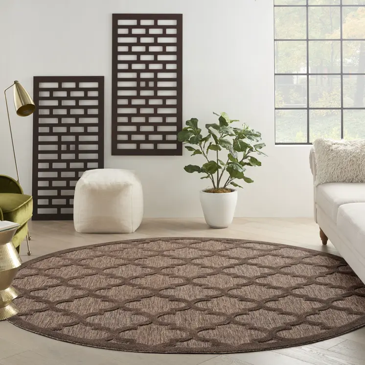 8' Brown Round Geometric Indoor Outdoor Area Rug