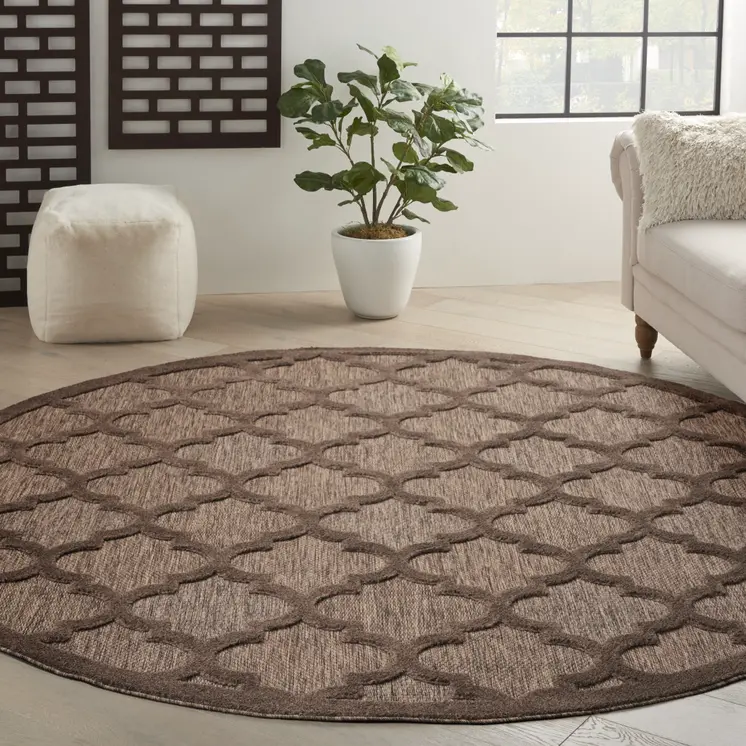 8' Brown Round Geometric Indoor Outdoor Area Rug