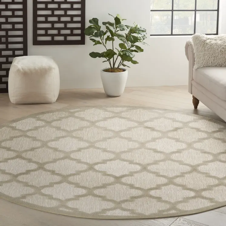 8' Cream Round Geometric Indoor Outdoor Area Rug
