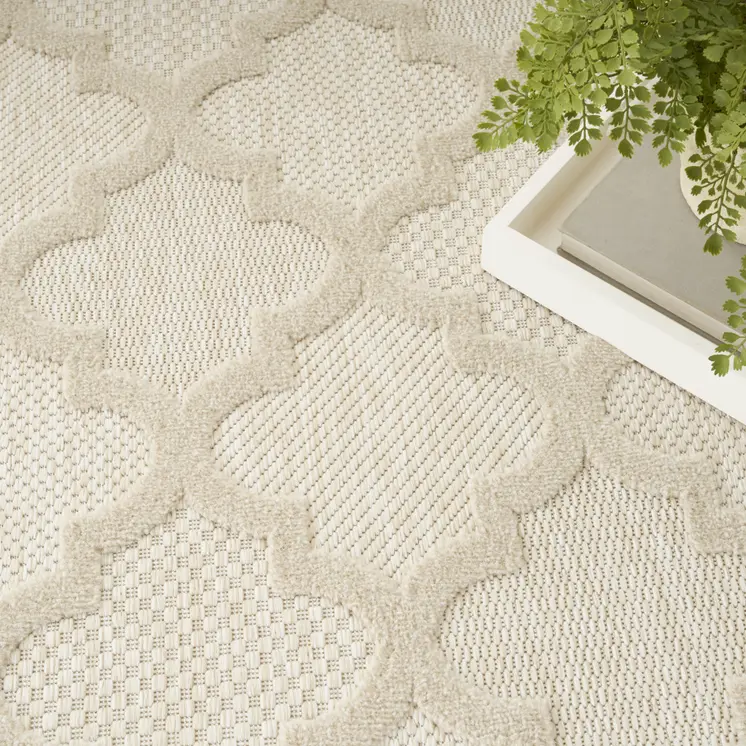 8' Cream Round Geometric Indoor Outdoor Area Rug
