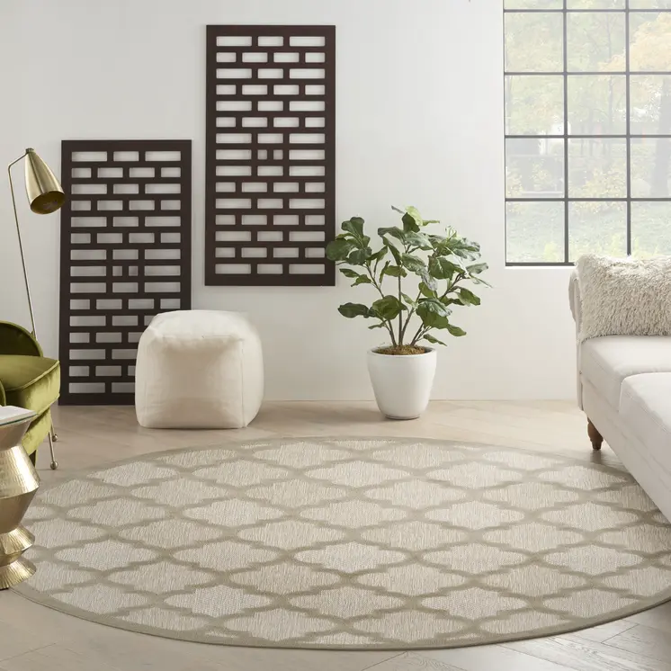 8' Cream Round Geometric Indoor Outdoor Area Rug