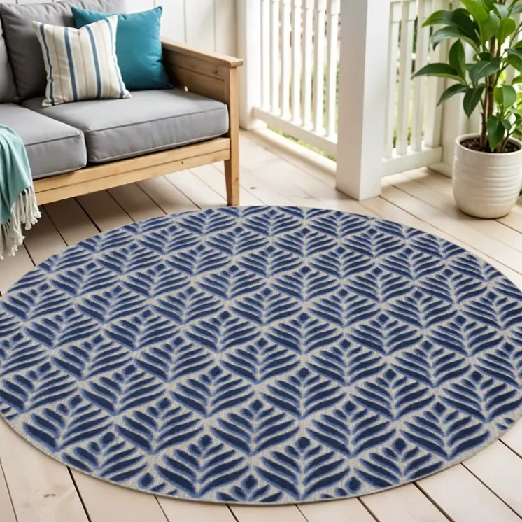 5' Blue Round Floral Indoor Outdoor Area Rug