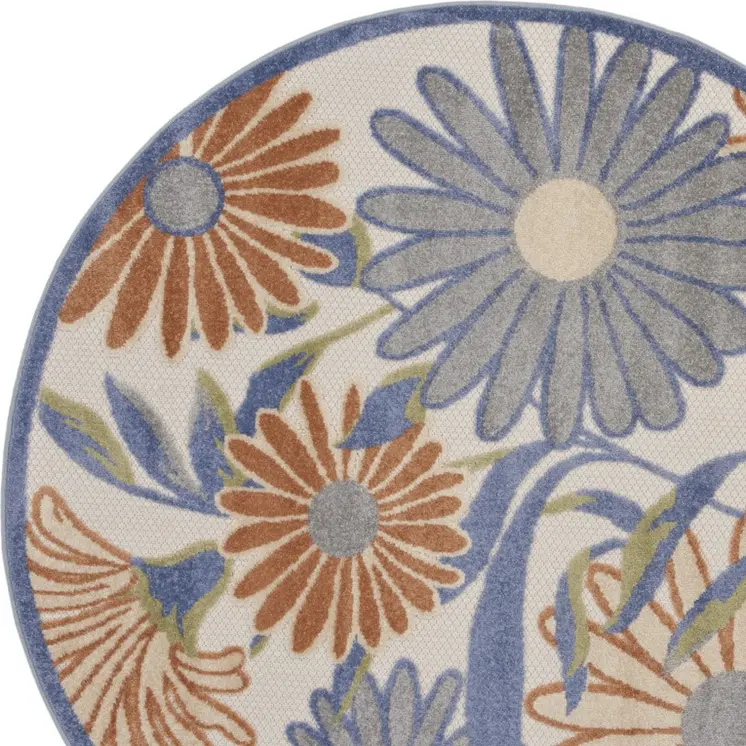 5' Beige Round Floral Indoor Outdoor Area Rug