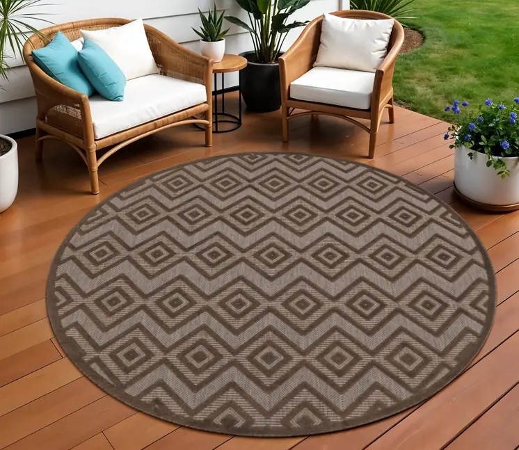 8' Brown Round Geometric Indoor Outdoor Area Rug