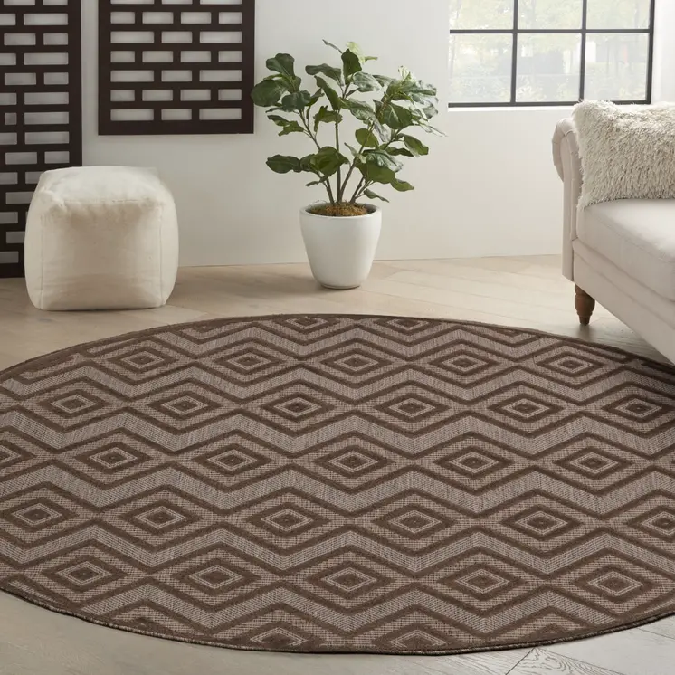 8' Brown Round Geometric Indoor Outdoor Area Rug