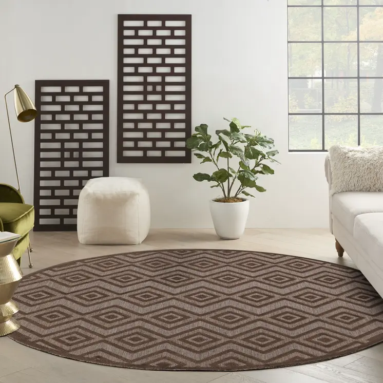 8' Brown Round Geometric Indoor Outdoor Area Rug