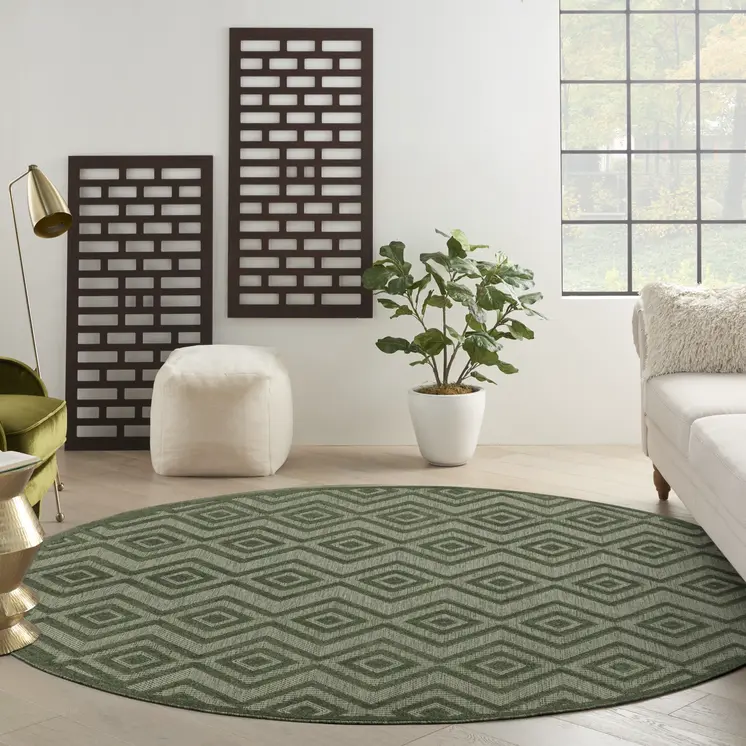 8' Green Round Geometric Indoor Outdoor Area Rug