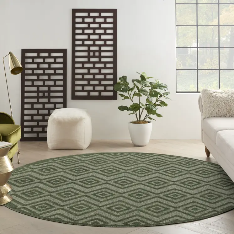 8' Green Round Geometric Indoor Outdoor Area Rug