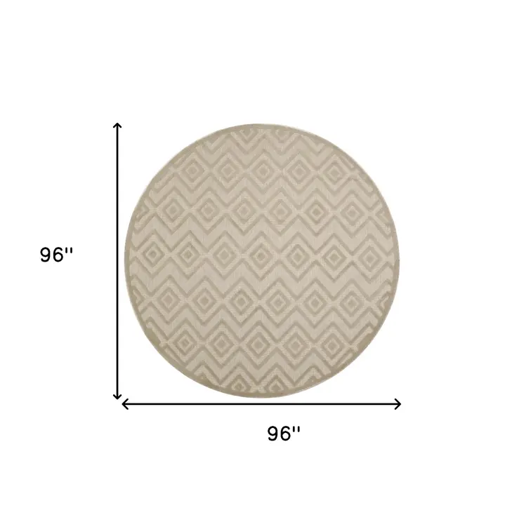 8' Cream Round Geometric Indoor Outdoor Area Rug
