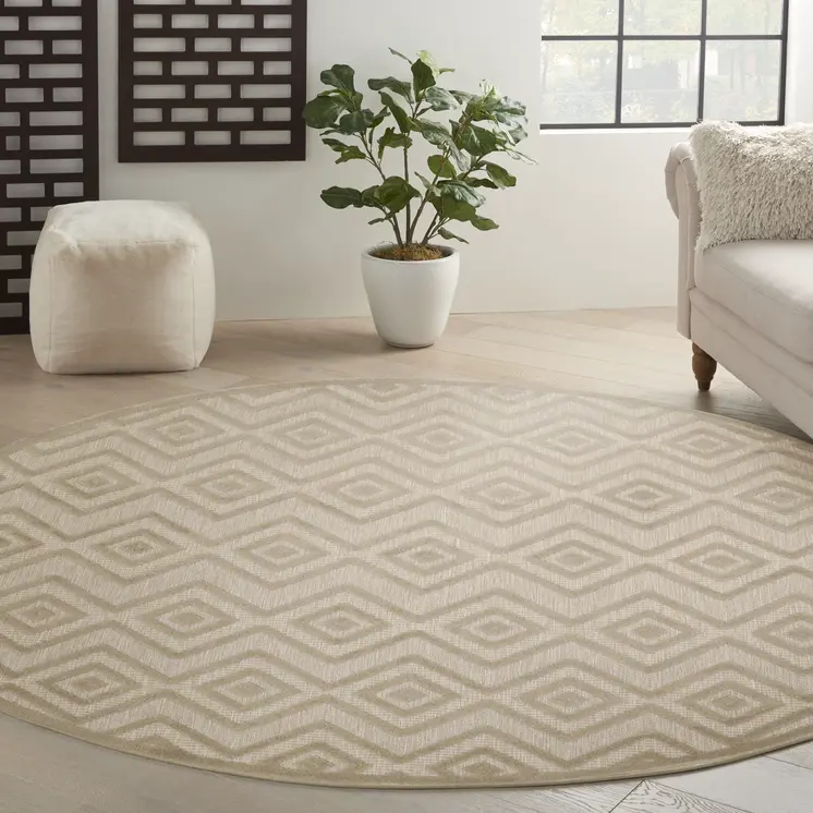8' Cream Round Geometric Indoor Outdoor Area Rug