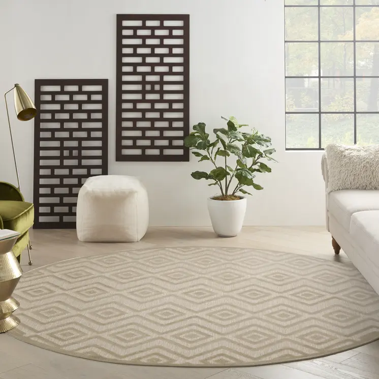 8' Cream Round Geometric Indoor Outdoor Area Rug