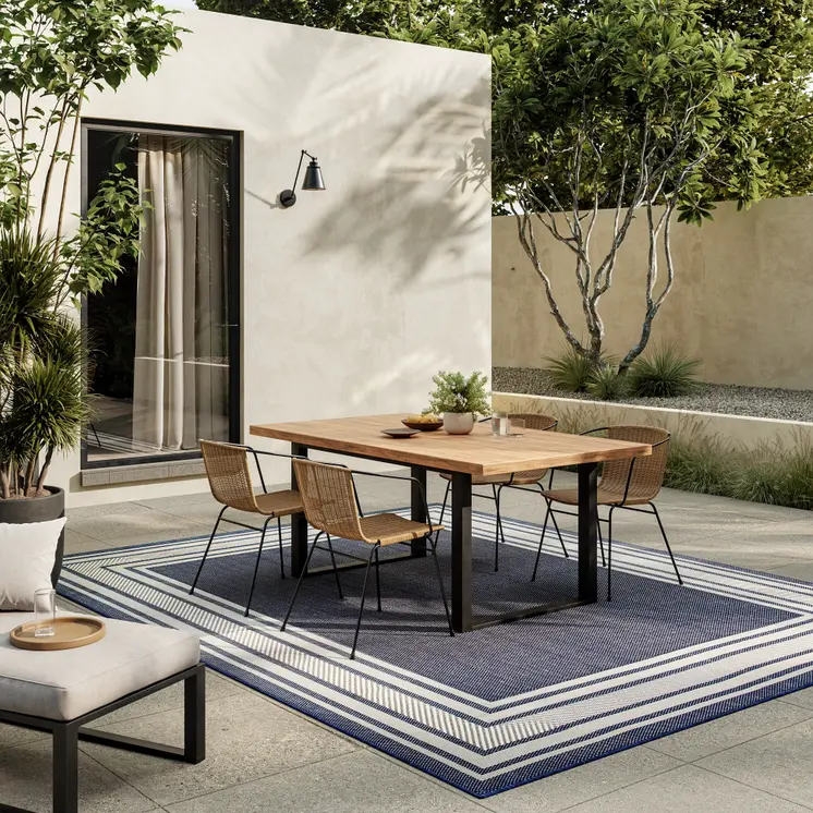 6' X 9' Navy Blue And Ivory Geometric Indoor Outdoor Area Rug