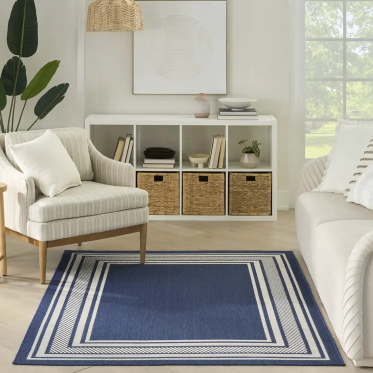 6' X 9' Navy Blue And Ivory Geometric Indoor Outdoor Area Rug