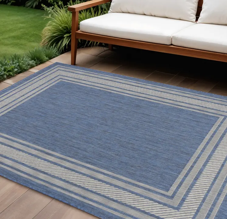 6' X 9' Denim Blue And Ivory Geometric Indoor Outdoor Area Rug