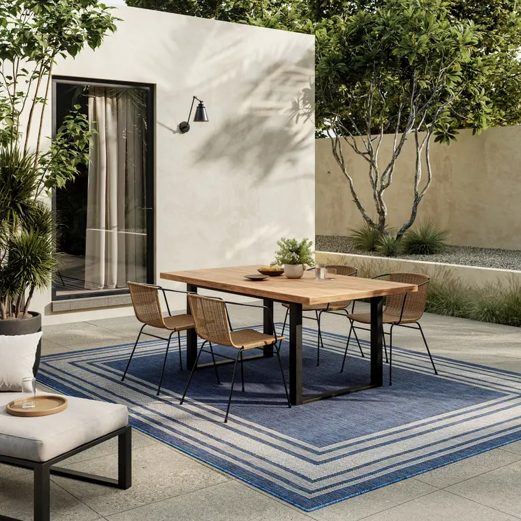 6' X 9' Denim Blue And Ivory Geometric Indoor Outdoor Area Rug
