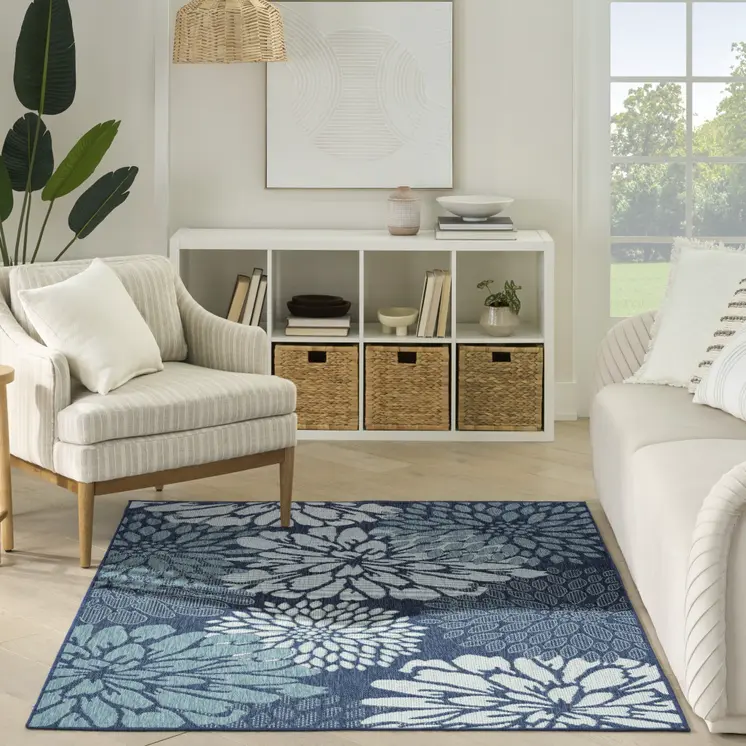 6' X 9' Navy Blue Floral Indoor Outdoor Area Rug