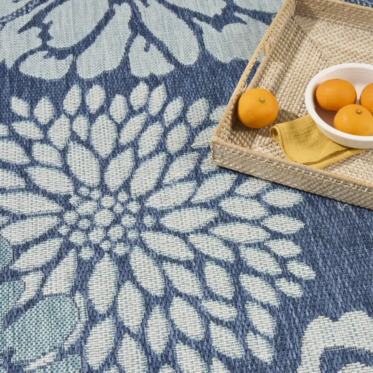 6' X 9' Navy Blue Floral Indoor Outdoor Area Rug