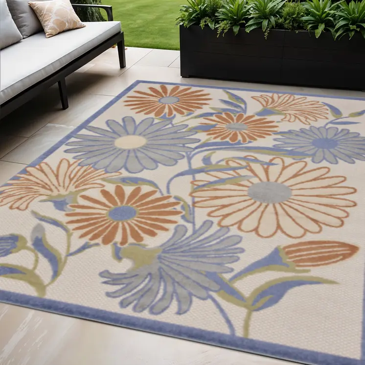 5' X 8' Beige Floral Indoor Outdoor Area Rug