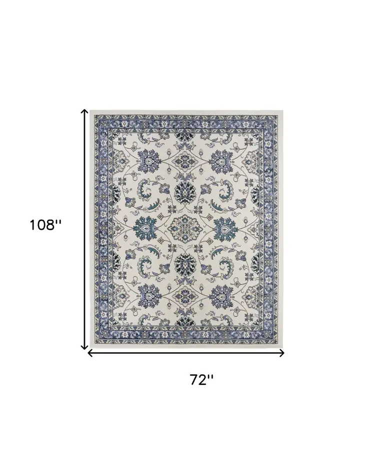 6' X 9' Ivory And Blue Floral Indoor Outdoor Area Rug