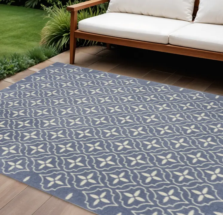 6' X 9' Blue And Ivory Geometric Indoor Outdoor Area Rug