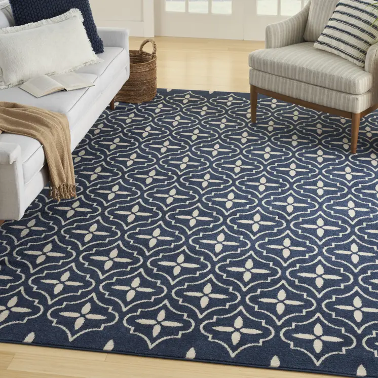 6' X 9' Navy Blue And Ivory Geometric Indoor Outdoor Area Rug