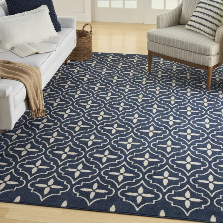 6' X 9' Navy Blue And Ivory Geometric Indoor Outdoor Area Rug
