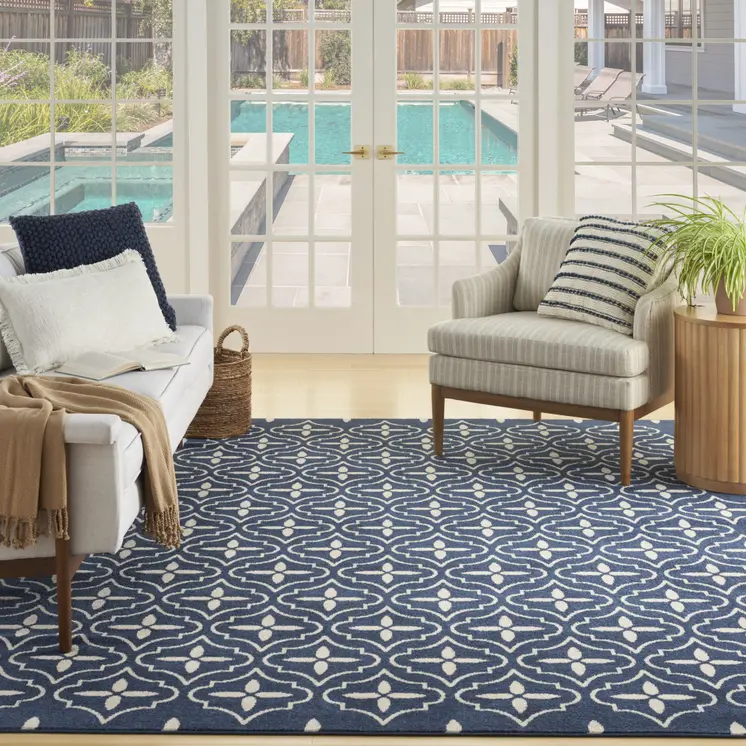 6' X 9' Navy Blue And Ivory Geometric Indoor Outdoor Area Rug
