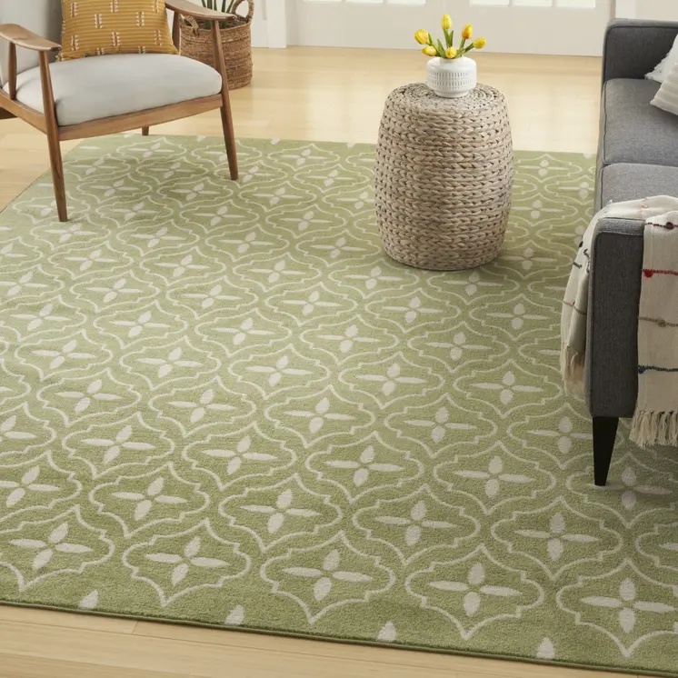 6' X 9' Green And Ivory Geometric Indoor Outdoor Area Rug