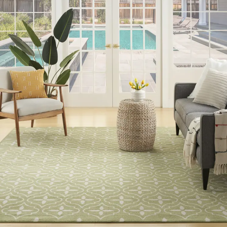 6' X 9' Green And Ivory Geometric Indoor Outdoor Area Rug