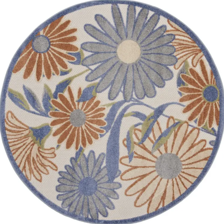 8' Beige Round Floral Indoor Outdoor Area Rug