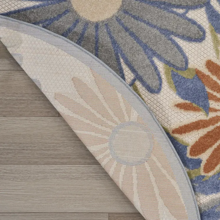 8' Beige Round Floral Indoor Outdoor Area Rug