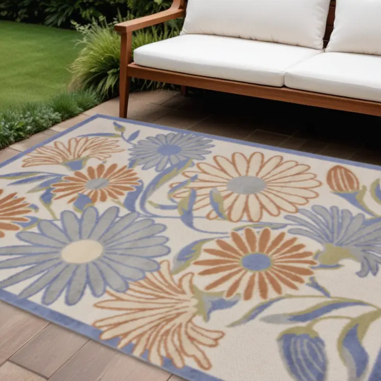 6' X 9' Beige Floral Indoor Outdoor Area Rug