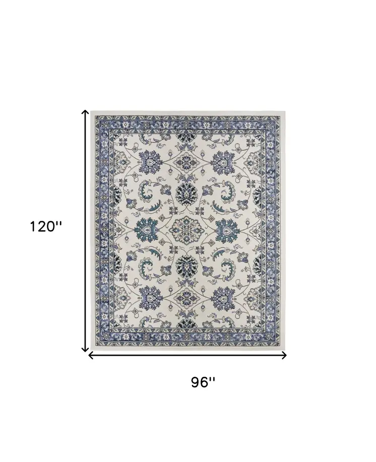 8' X 10' Ivory And Blue Floral Indoor Outdoor Area Rug