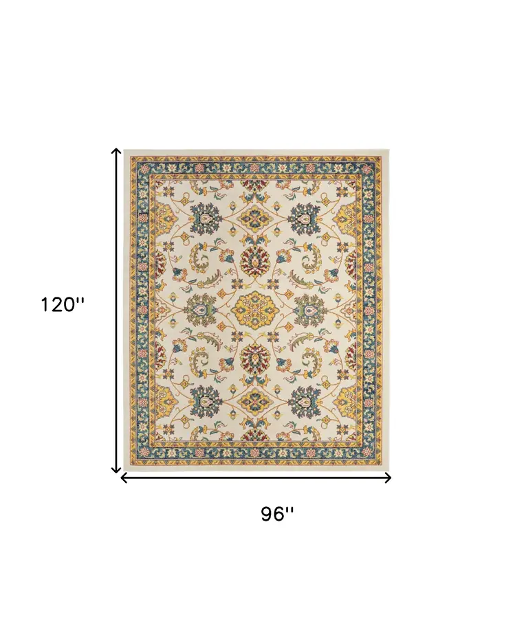 8' X 10' Ivory And Gold Floral Indoor Outdoor Area Rug