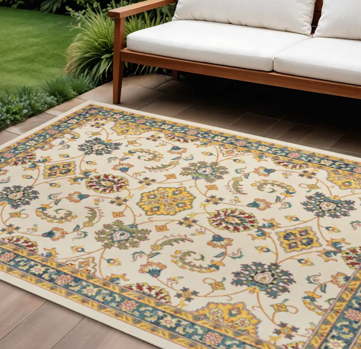 8' X 10' Ivory And Gold Floral Indoor Outdoor Area Rug