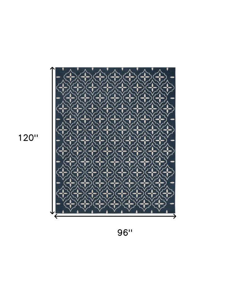 8' X 10' Navy Blue And Ivory Geometric Indoor Outdoor Area Rug