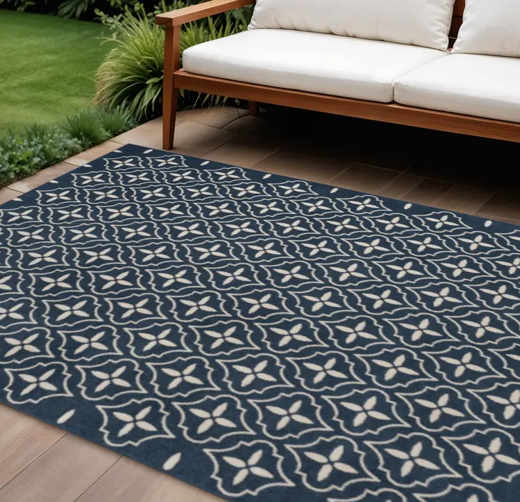 8' X 10' Navy Blue And Ivory Geometric Indoor Outdoor Area Rug