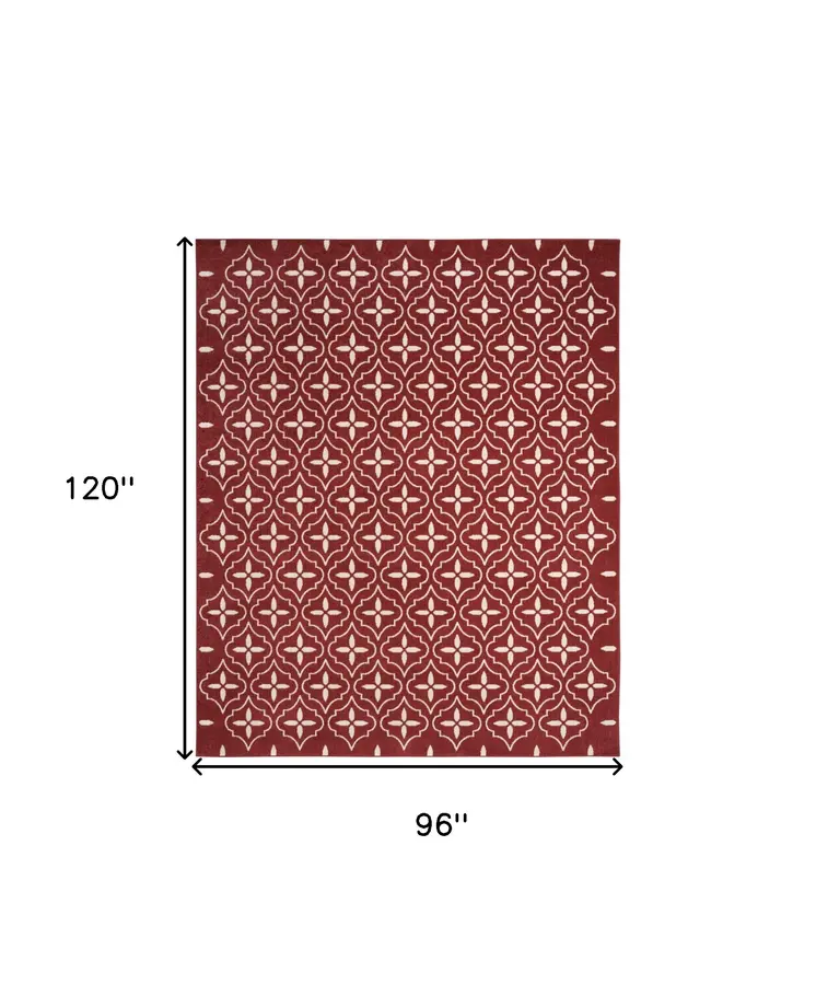8' X 10' Brick Red And Ivory Geometric Indoor Outdoor Area Rug