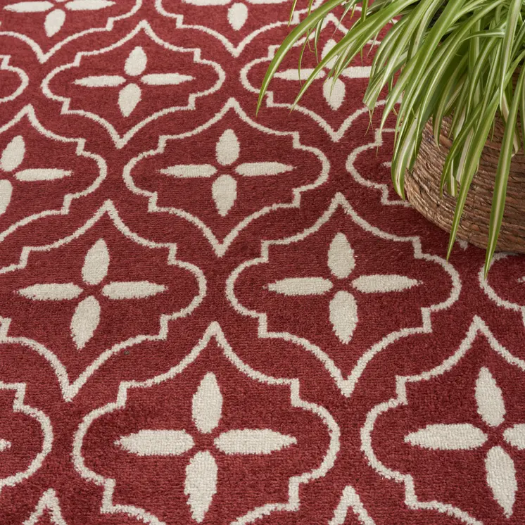 8' X 10' Brick Red And Ivory Geometric Indoor Outdoor Area Rug