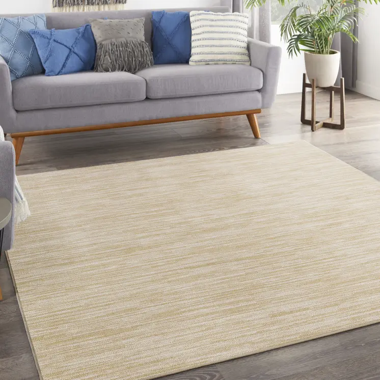 9' Ivory And Gold Square Abstract Indoor Outdoor Area Rug