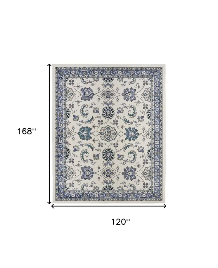 10' X 14' Ivory And Blue Floral Indoor Outdoor Area Rug