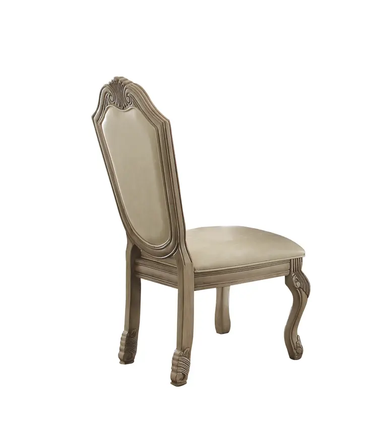 Set of Two Antiqued White Upholstered Faux Leather Dining Side Chairs