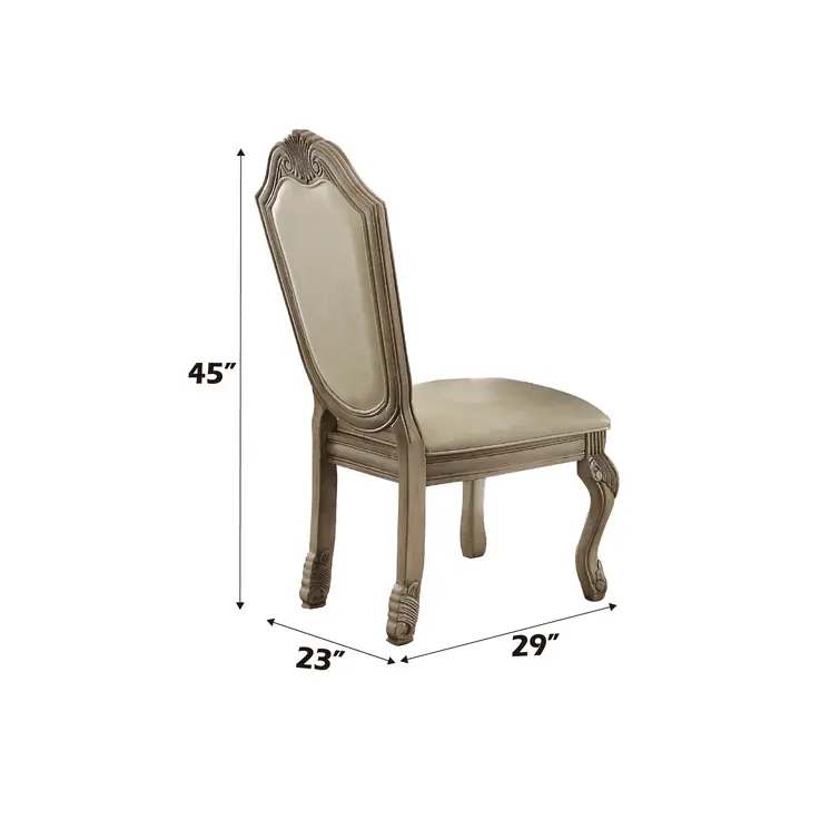 Set of Two Antiqued White Upholstered Faux Leather Dining Side Chairs
