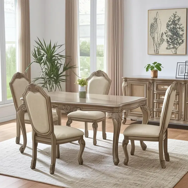Set of Two Antiqued White Upholstered Faux Leather Dining Side Chairs