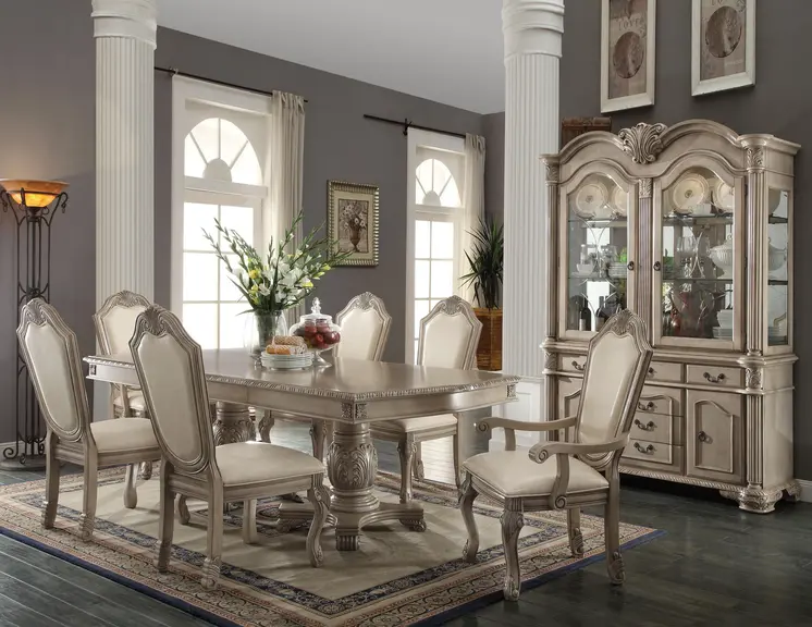 Set of Two Antiqued White Upholstered Faux Leather Dining Side Chairs