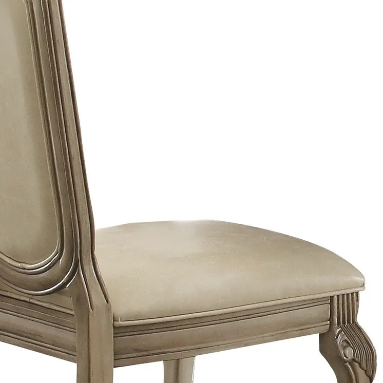 Set of Two Antiqued White Upholstered Faux Leather Dining Side Chairs