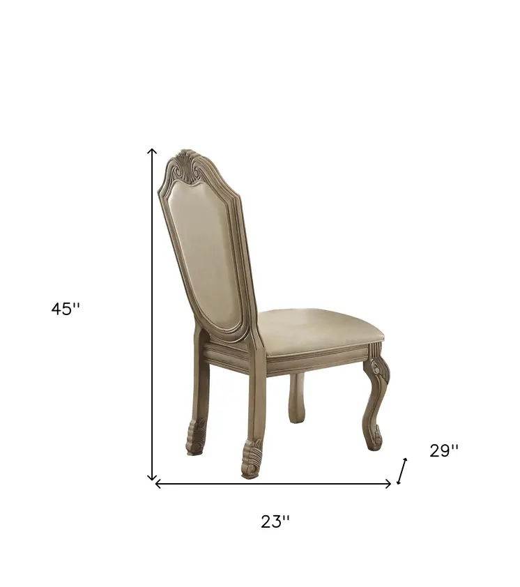 Set of Two Antiqued White Upholstered Faux Leather Dining Side Chairs